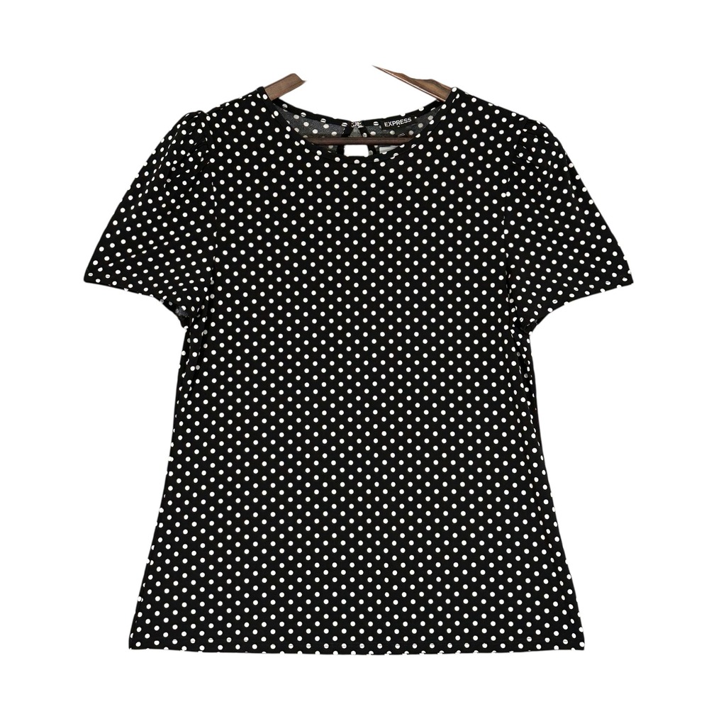 Express Polka Dot Blouse Womens Large Black NWT Short Sleeve Keyhole Back Top